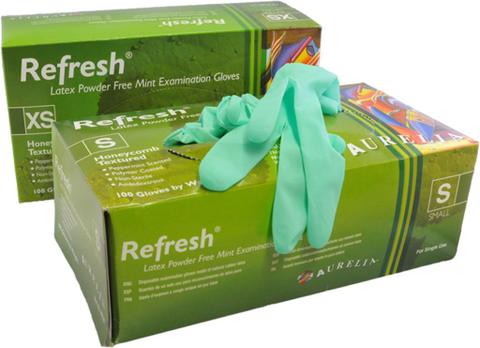 Groene Aurelia Refresh latex handschoenen, poedervrij, maat M, verpakt per 100 stuks.