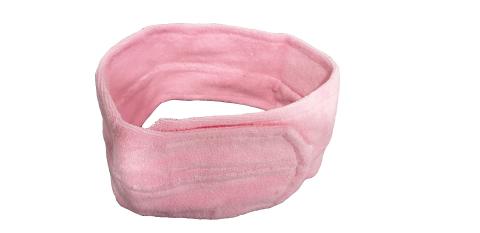 Zachte roze Terry bandeau met klittenbandsluiting, plat afgebeeld