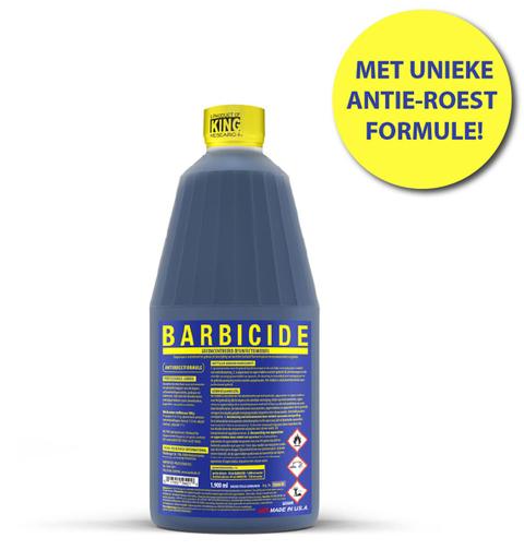 Grote blauwe fles Barbicide Desinfectievloeistof Concentraat van 1,9 Liter met het herkenbare Barbicide logo.