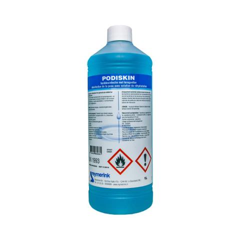 Witte fles Reymerink Podiskin Huiddesinfectie 1 liter met blauw etiket, prominent geplaatst op een neutrale achtergrond.