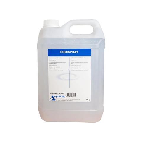 Grote fles van 5 liter Reymerink Podispray Naturel, een heldere vloeistof voor pedicuremotoren