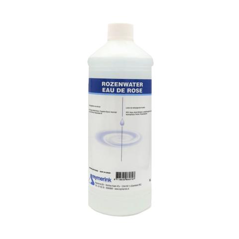 Grote fles Reymerink Rozenwater van 1 liter met klassiek etiket, ideaal voor professioneel gebruik.