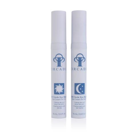 Verpakking van de Circadia Full Circle Eye Repair 2 x 15 ml, een oogcrème duo met een dag- en nachtformule in aparte dispensers.