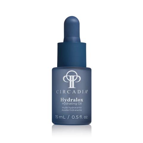 Witte fles van Circadia Hydralox 15 ml met een zwarte dop en zwarte en blauwe belettering.