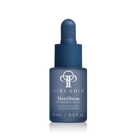 Glazen flesje met pipet van Circadia MeriStem Antioxidant Serum 15 ml in een witte met grijze verpakking.