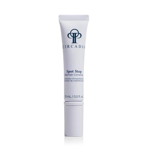 Witte tube Circadia Spot Stop 15 ml met zwarte dop en zwarte en blauwe belettering.