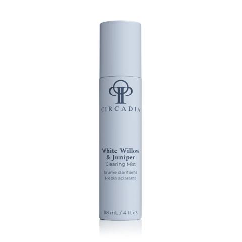 Circadia White Willow & Juniper Clearing Mist 118 ml in een witte fles met spraydop en blauwe accenten.